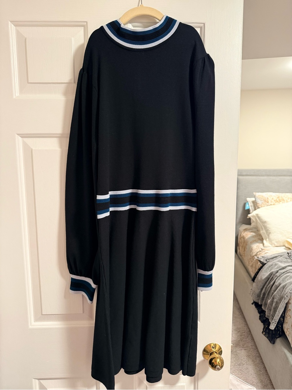 Vince Camuto Black Long-Sleeve Knit Dress with Blue and White Stripes